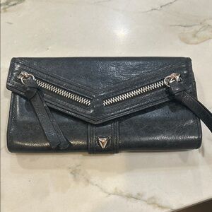 Botkier Black Leather Clutch w silver zippers &studs. Holds 12 cc Zipper pouch